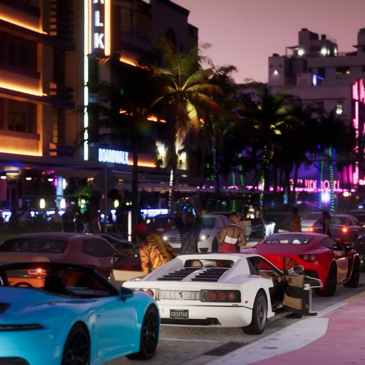 Neon-lit street at night